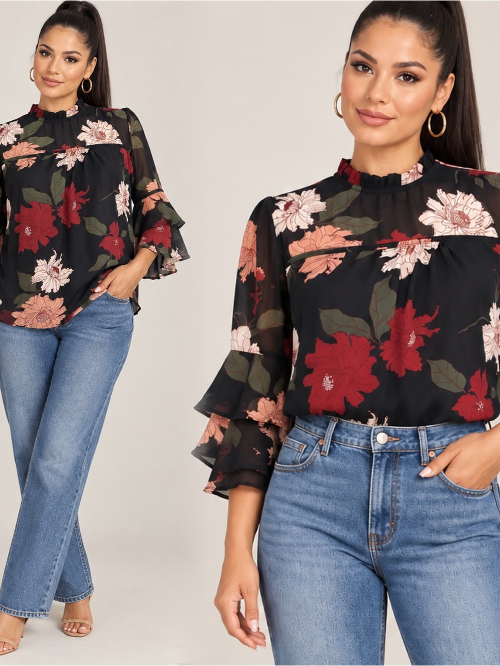 Monteau Black Floral Ruffle Yoke Blouse with Red & Pink Blooms
